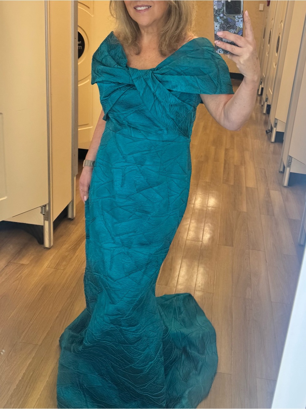Teri Jon Teal Off-Shoulder Mermaid Gown